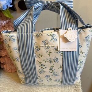 Nanette Lepore Blue Floral Canvas Tote with Striped Handles